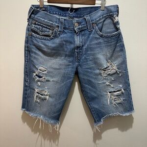 True Religion Ricky Relaxed Strait Distressed Blue Denim Jean Shorts